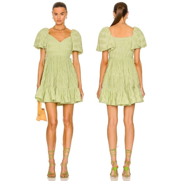 Jonathan Simkhai Cadence Plisse Dress Puff Sleeve Tiered Coastal Prairie Sz 2 - Picture 1 of 11